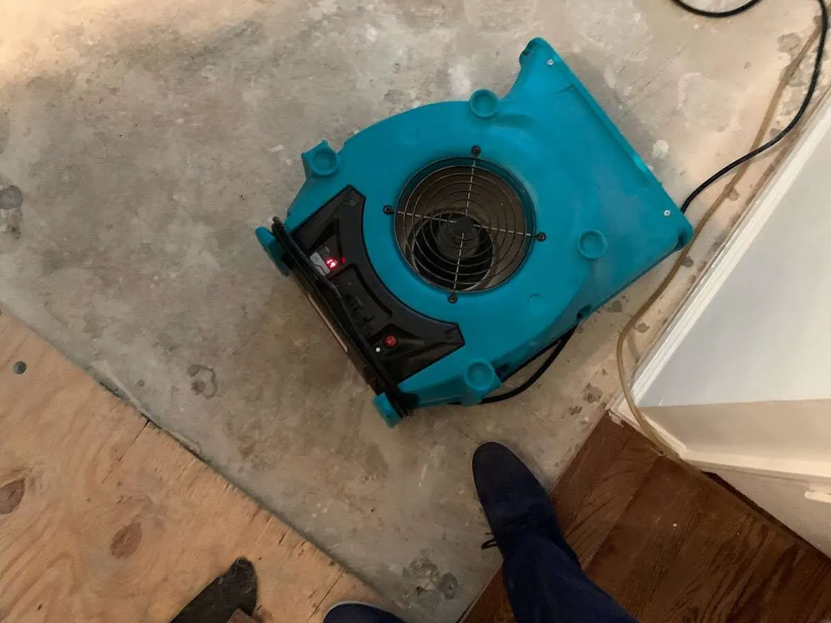 Air mover drying subfloor during Leak Detection & Repair in Oakfield
